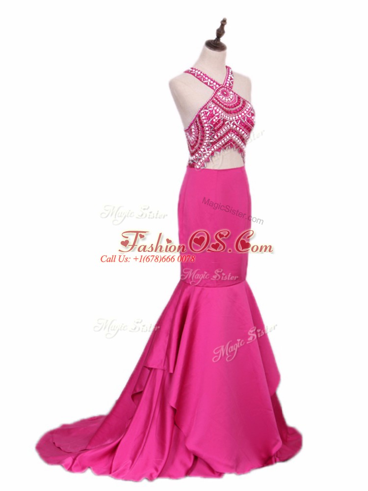 Attractive Hot Pink Mermaid Elastic Woven Satin V-neck Sleeveless Beading Backless Prom Party Dress Brush Train