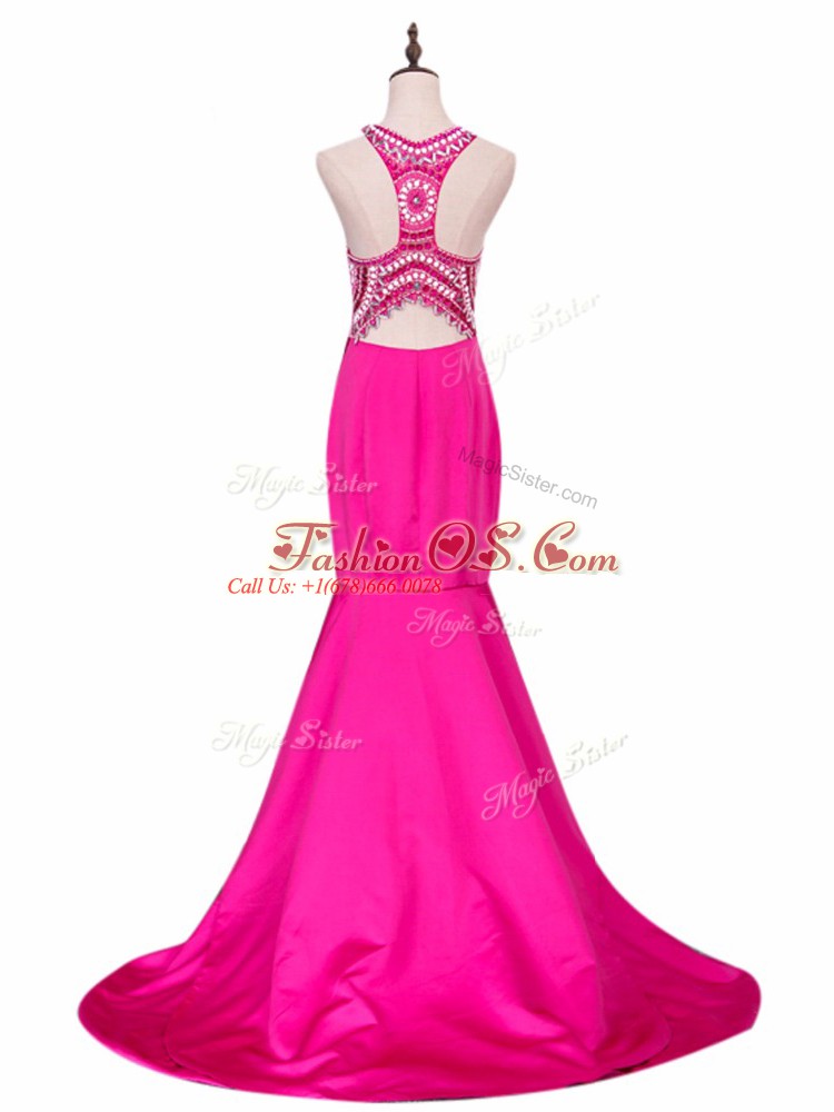 Attractive Hot Pink Mermaid Elastic Woven Satin V-neck Sleeveless Beading Backless Prom Party Dress Brush Train