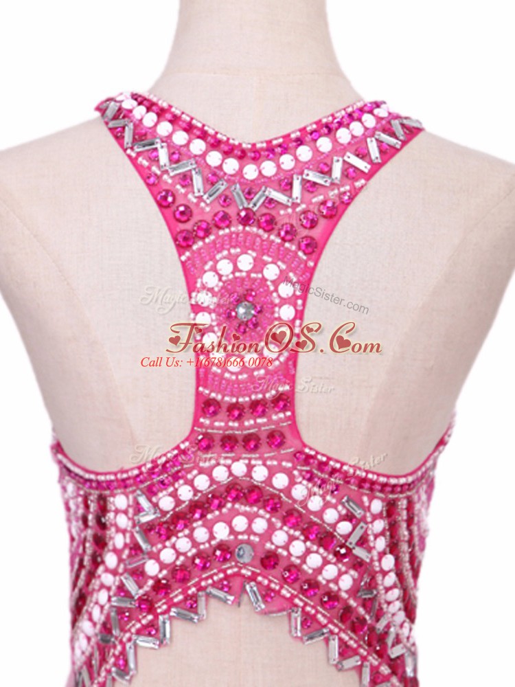 Attractive Hot Pink Mermaid Elastic Woven Satin V-neck Sleeveless Beading Backless Prom Party Dress Brush Train