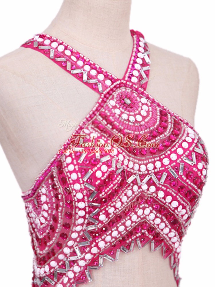 Attractive Hot Pink Mermaid Elastic Woven Satin V-neck Sleeveless Beading Backless Prom Party Dress Brush Train