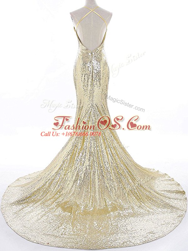 Custom Designed Gold Mermaid Sequined Straps Sleeveless Sequins Backless Evening Dress Brush Train