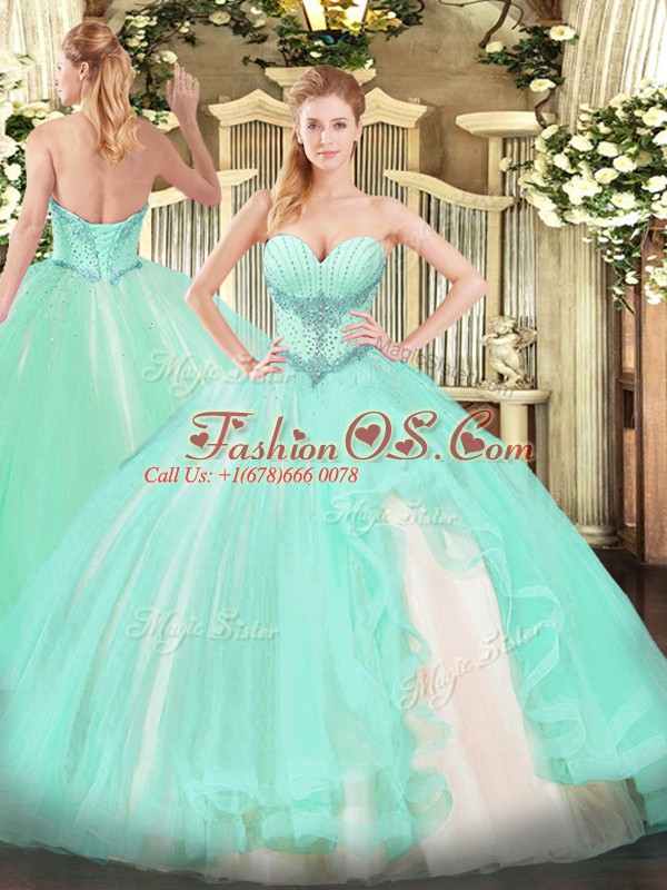 Modest Sweetheart Sleeveless Tulle Sweet 16 Dresses Beading and Ruffles Lace Up