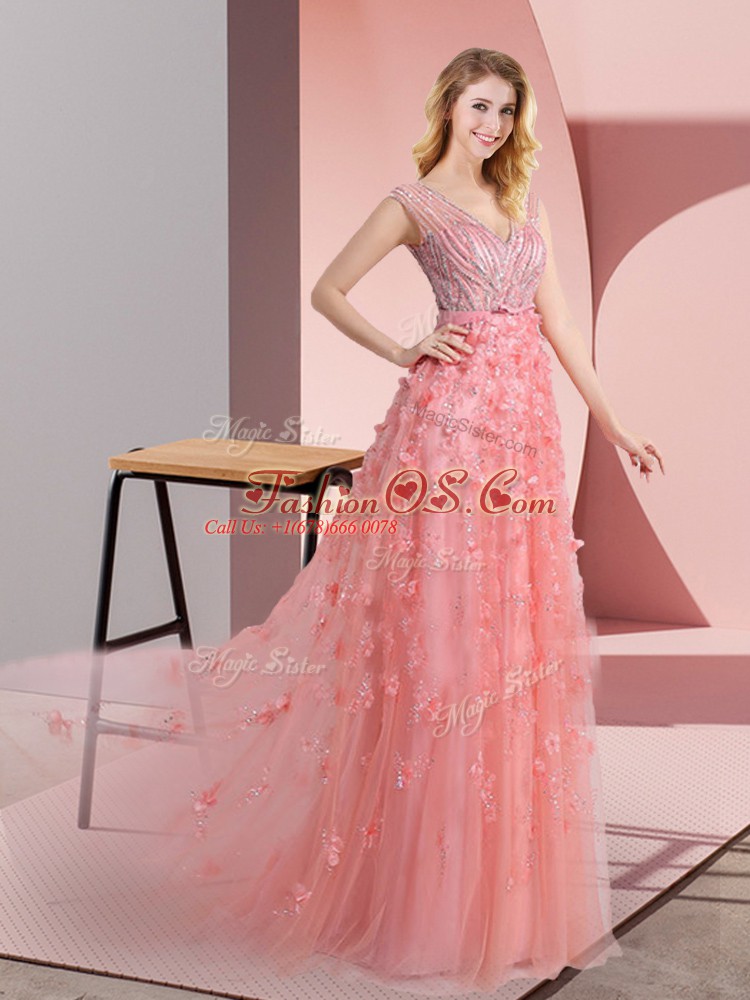 Glittering Zipper Pink for Prom and Party with Beading and Appliques Sweep Train