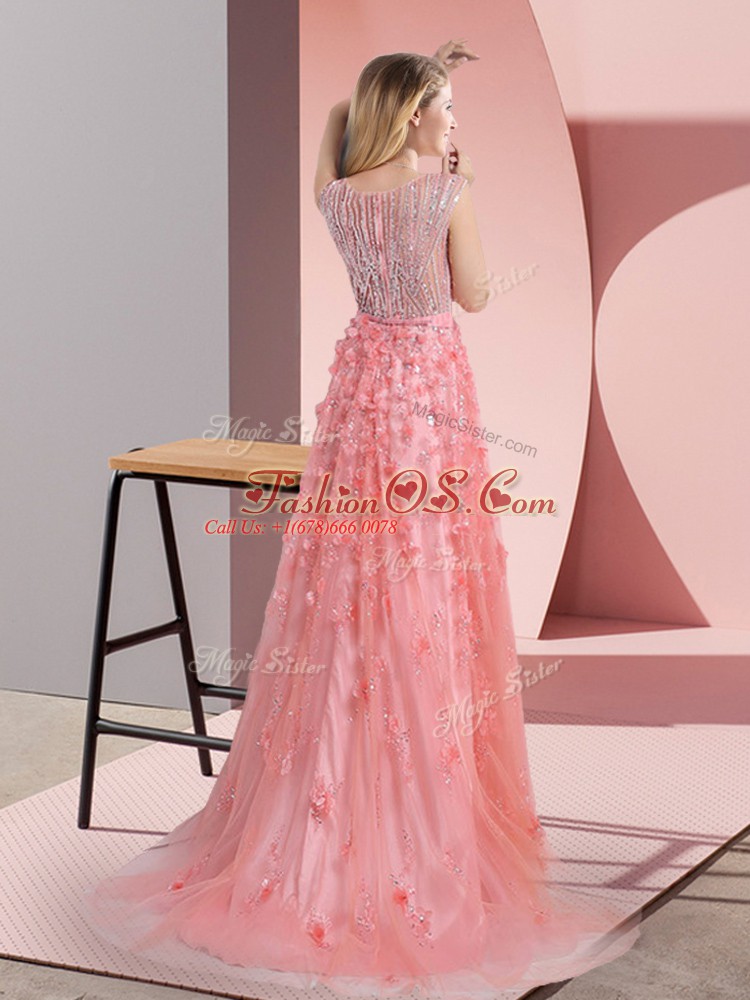 Glittering Zipper Pink for Prom and Party with Beading and Appliques Sweep Train