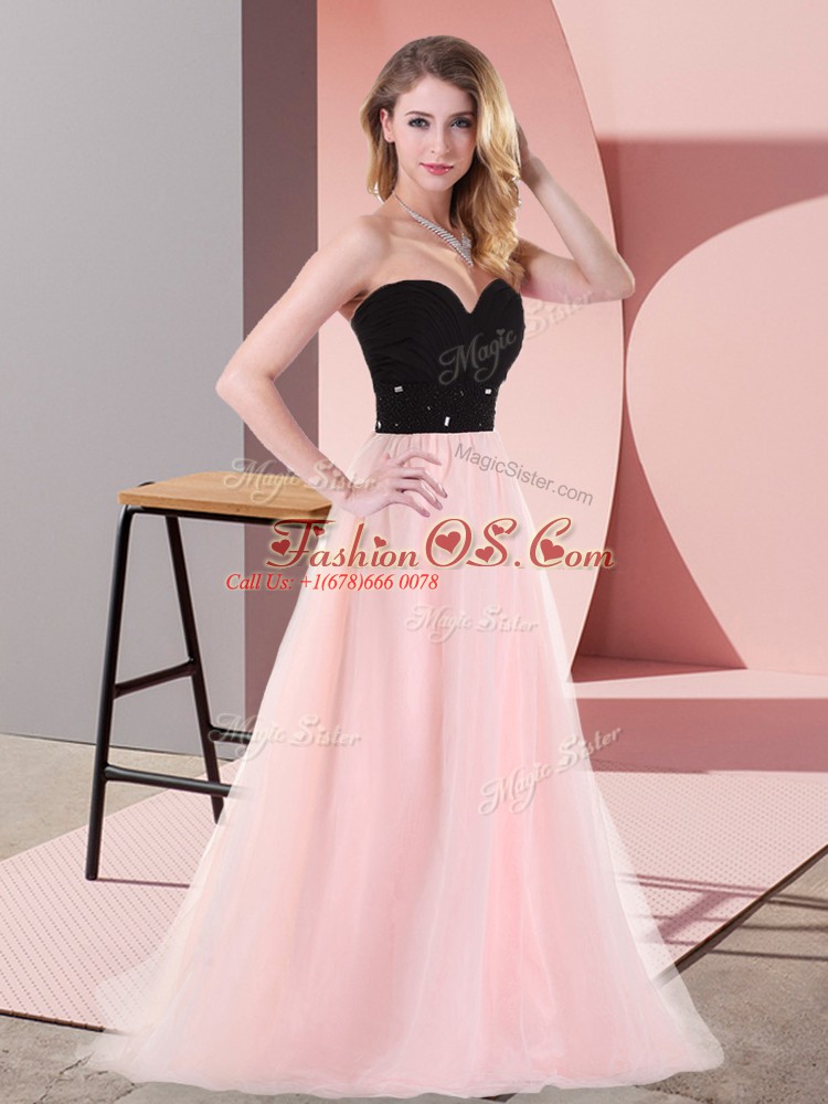 Pink And Black Sleeveless Belt Floor Length Prom Evening Gown