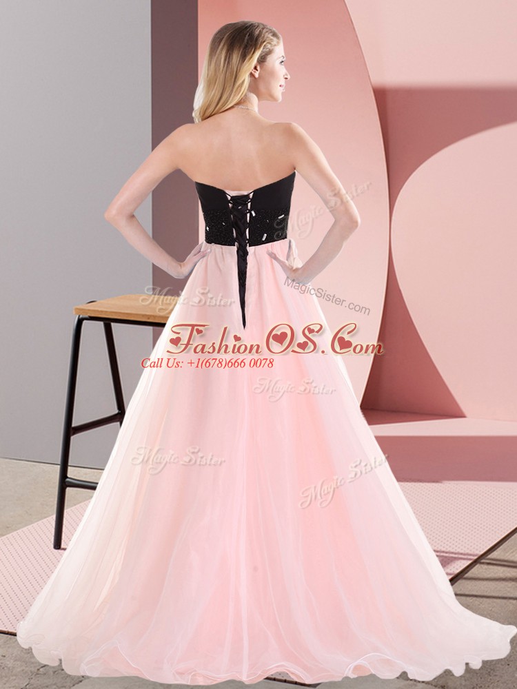 Pink And Black Sleeveless Belt Floor Length Prom Evening Gown