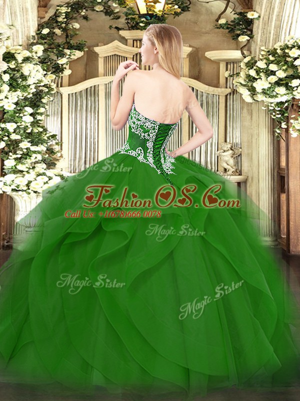 On Sale Blue Ball Gowns Beading and Ruffles Ball Gown Prom Dress Lace Up Tulle Sleeveless Floor Length