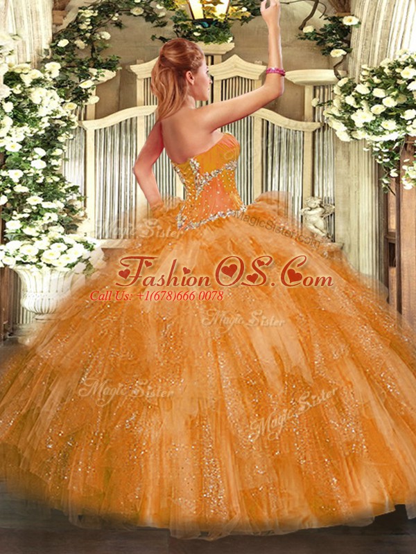 Sweetheart Sleeveless Sweet 16 Dresses Floor Length Beading and Ruffles Yellow Green Organza