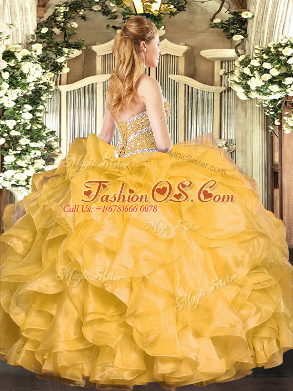 Ball Gowns Sweet 16 Dresses Gold Sweetheart Organza Sleeveless Floor Length Lace Up
