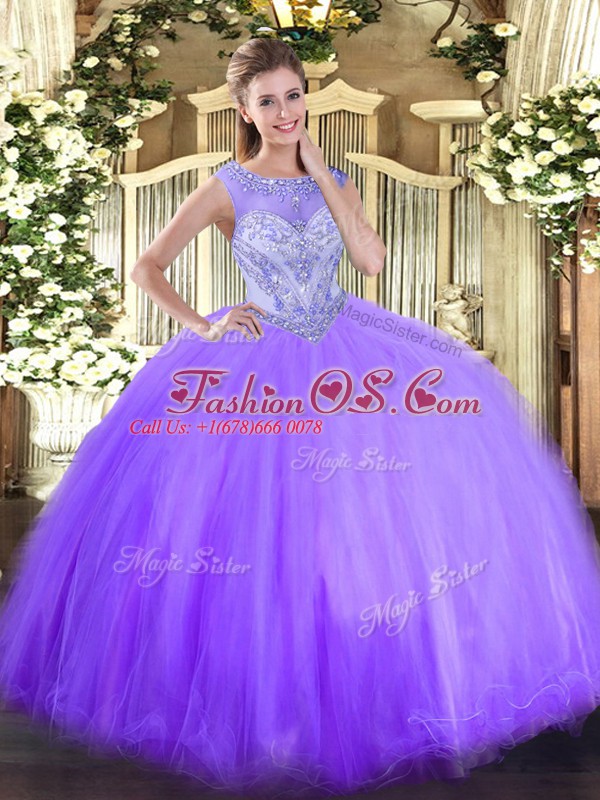 Lavender Ball Gowns Beading Sweet 16 Dress Zipper Tulle Sleeveless Floor Length