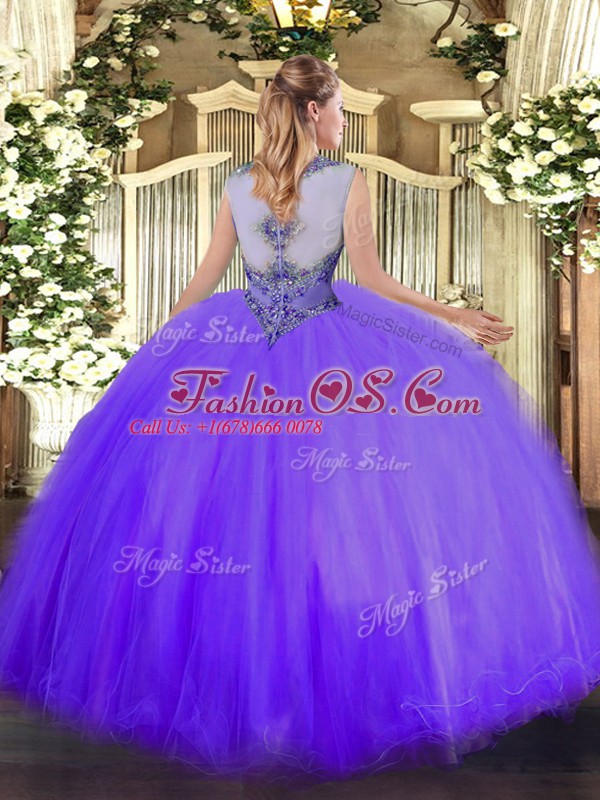 Lavender Ball Gowns Beading Sweet 16 Dress Zipper Tulle Sleeveless Floor Length