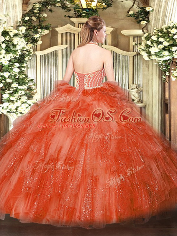 Floor Length Gold Ball Gown Prom Dress Tulle Sleeveless Beading and Ruffles