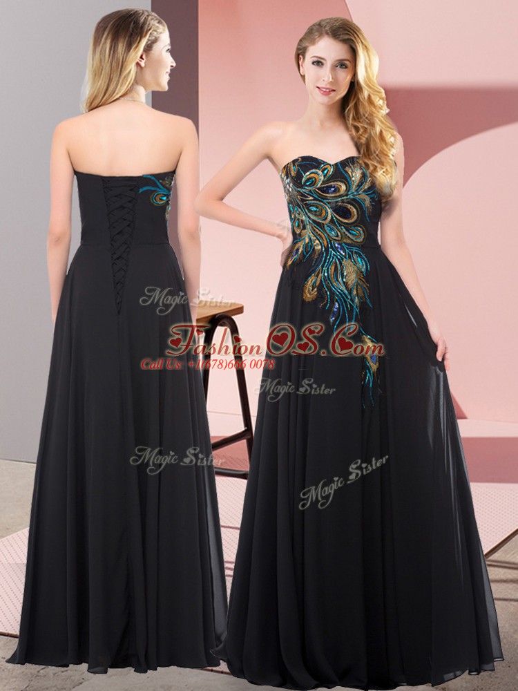 Luxury Floor Length Empire Sleeveless Black Dress for Prom Lace Up