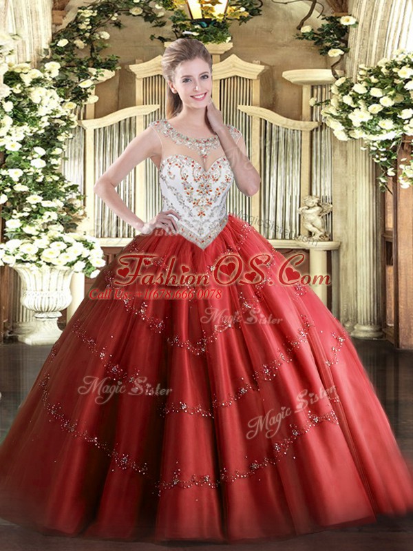 Hot Sale Red Quinceanera Gowns Military Ball and Sweet 16 and Quinceanera with Beading and Appliques Scoop Sleeveless Zipper