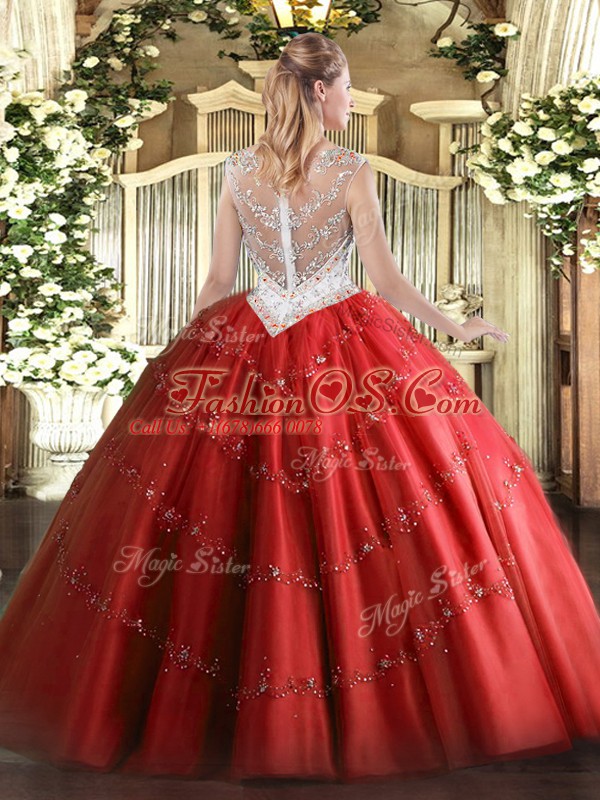 Hot Sale Red Quinceanera Gowns Military Ball and Sweet 16 and Quinceanera with Beading and Appliques Scoop Sleeveless Zipper
