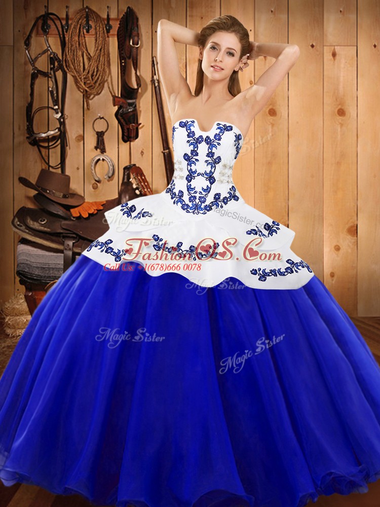 Royal Blue Sweet 16 Quinceanera Dress Military Ball and Sweet 16 and Quinceanera with Embroidery Strapless Sleeveless Lace Up