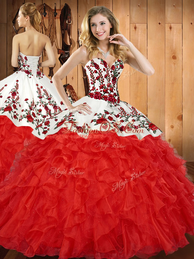Glamorous Ball Gowns 15 Quinceanera Dress Red Sweetheart Tulle Sleeveless Floor Length Lace Up