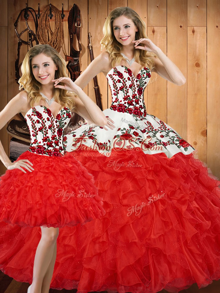 Glamorous Ball Gowns 15 Quinceanera Dress Red Sweetheart Tulle Sleeveless Floor Length Lace Up