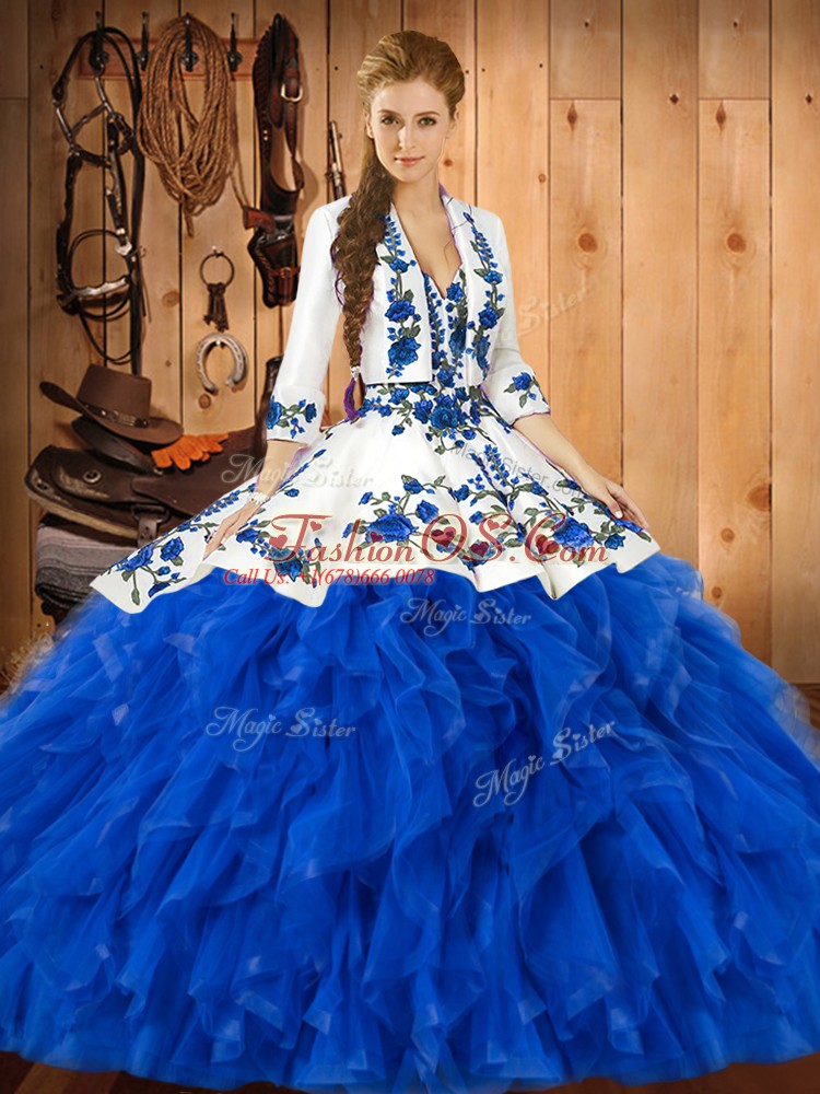 Deluxe Blue Sleeveless Floor Length Embroidery and Ruffles Lace Up Quince Ball Gowns