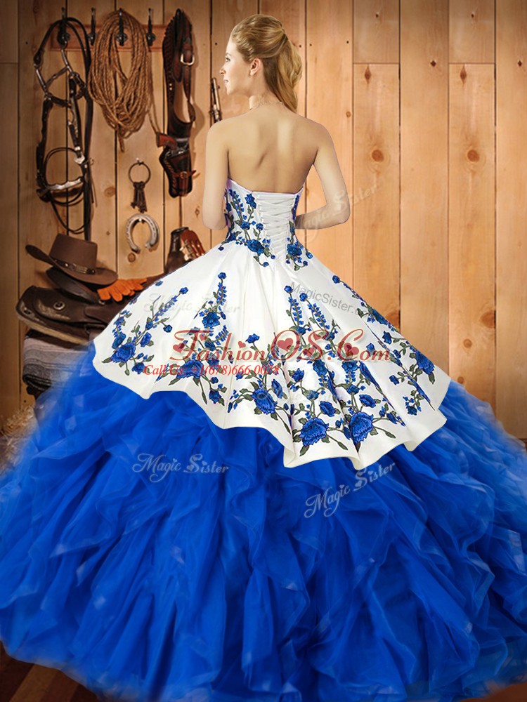 Deluxe Blue Sleeveless Floor Length Embroidery and Ruffles Lace Up Quince Ball Gowns