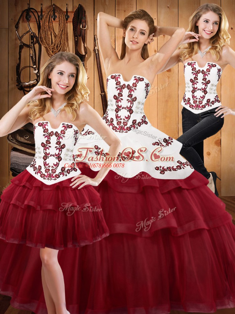 Burgundy Ball Gowns Strapless Sleeveless Tulle Sweep Train Lace Up Embroidery and Ruffled Layers Sweet 16 Quinceanera Dress