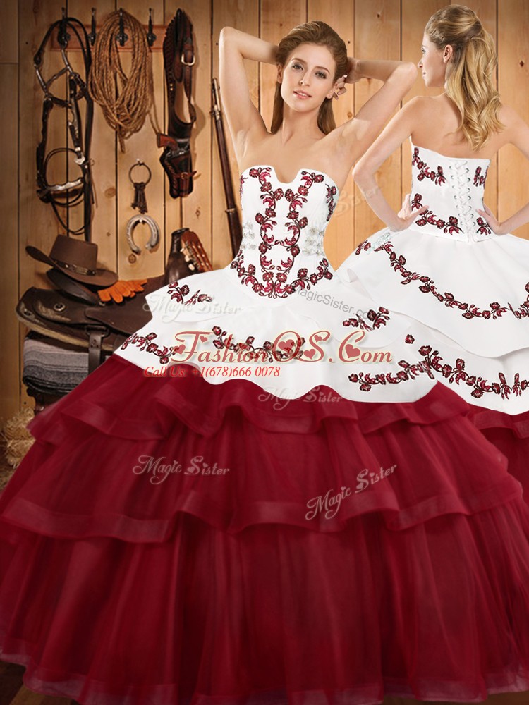 Burgundy Ball Gowns Strapless Sleeveless Tulle Sweep Train Lace Up Embroidery and Ruffled Layers Sweet 16 Quinceanera Dress