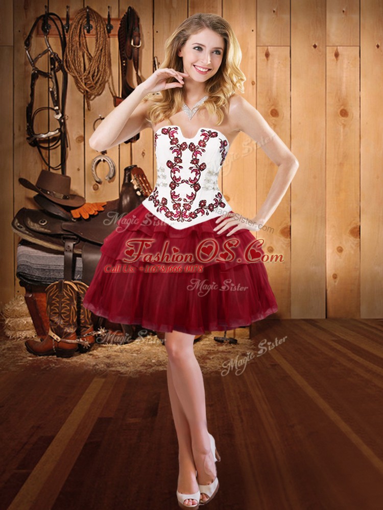 Burgundy Ball Gowns Strapless Sleeveless Tulle Sweep Train Lace Up Embroidery and Ruffled Layers Sweet 16 Quinceanera Dress