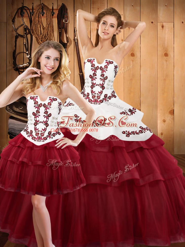 Burgundy Ball Gowns Strapless Sleeveless Tulle Sweep Train Lace Up Embroidery and Ruffled Layers Sweet 16 Quinceanera Dress