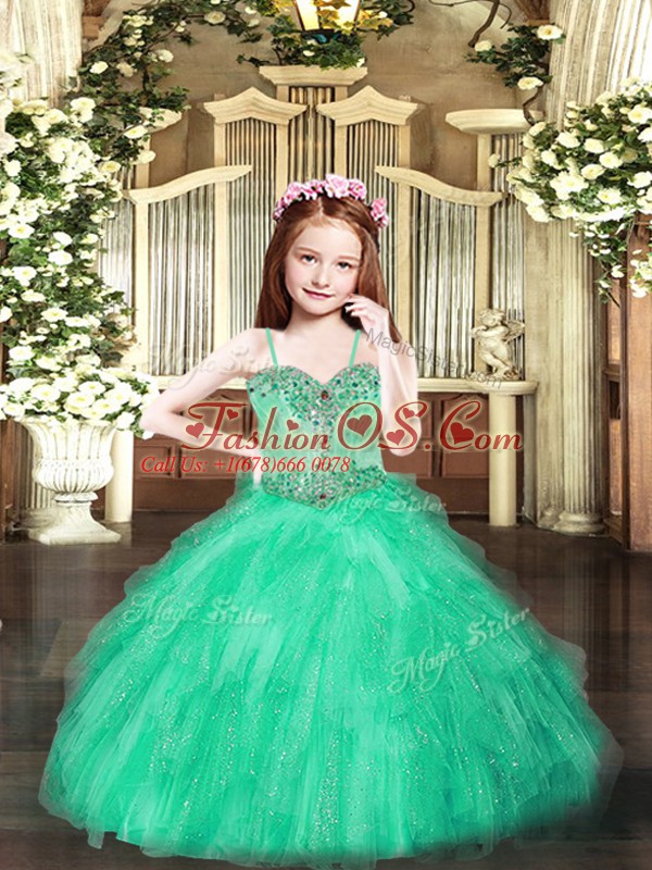 Custom Fit Ball Gowns Little Girls Pageant Dress Turquoise Spaghetti Straps Tulle Sleeveless Floor Length Lace Up