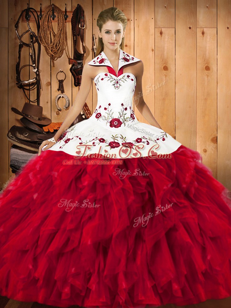 Red Ball Gowns Satin and Organza Halter Top Sleeveless Embroidery and Ruffles Floor Length Lace Up Quinceanera Dresses