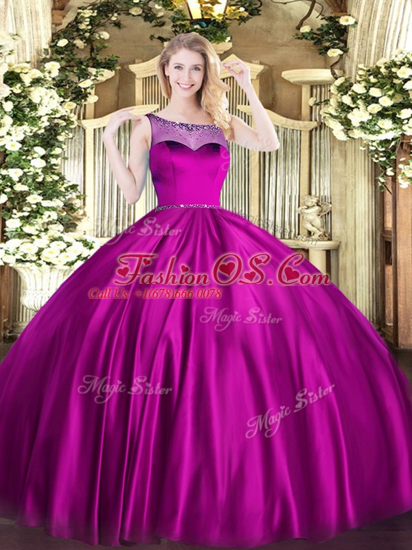 Floor Length Fuchsia Ball Gown Prom Dress Satin Sleeveless Beading