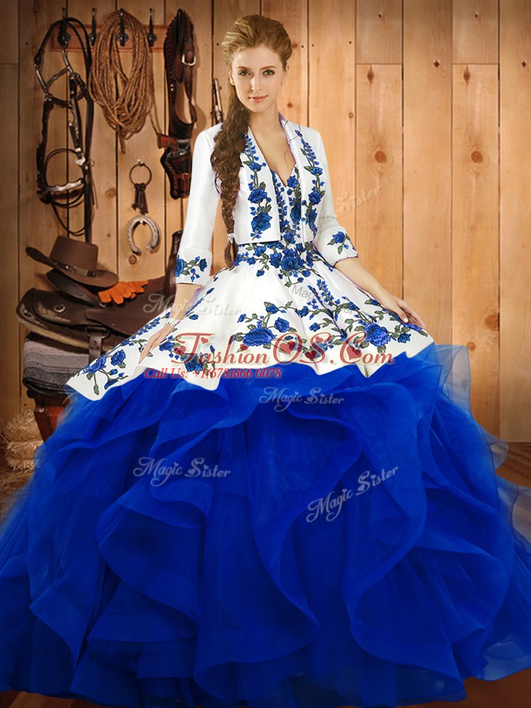 Sweetheart Sleeveless Quince Ball Gowns Floor Length Embroidery and Ruffles Blue Satin and Organza