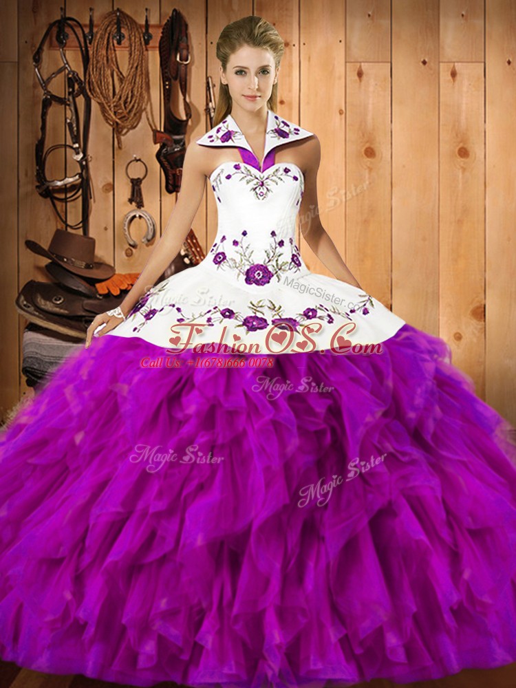 Fuchsia Ball Gowns Embroidery and Ruffles Quinceanera Dress Lace Up Satin and Organza Sleeveless Floor Length