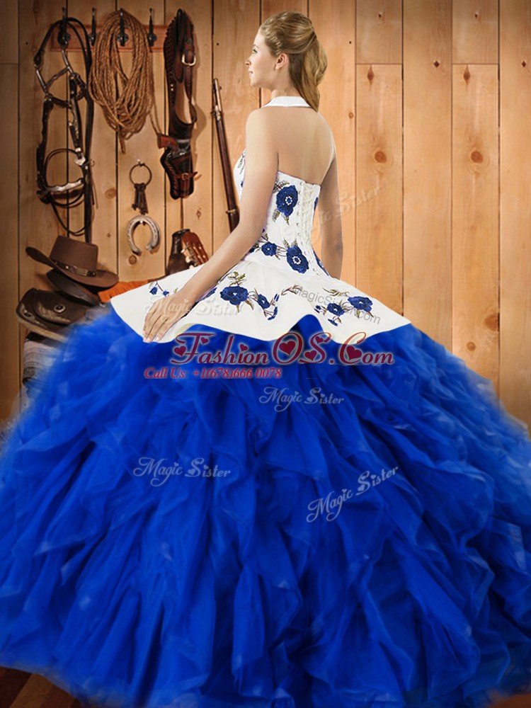Fuchsia Ball Gowns Embroidery and Ruffles Quinceanera Dress Lace Up Satin and Organza Sleeveless Floor Length