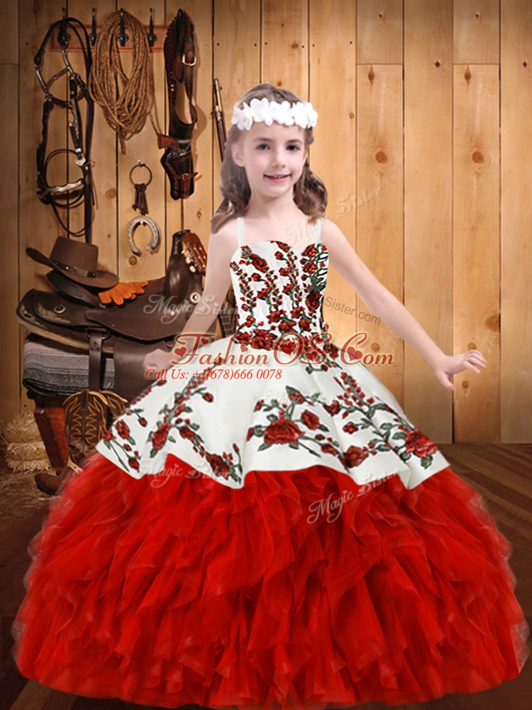 Sleeveless Organza Floor Length Lace Up Little Girl Pageant Dress in Red with Embroidery and Ruffles