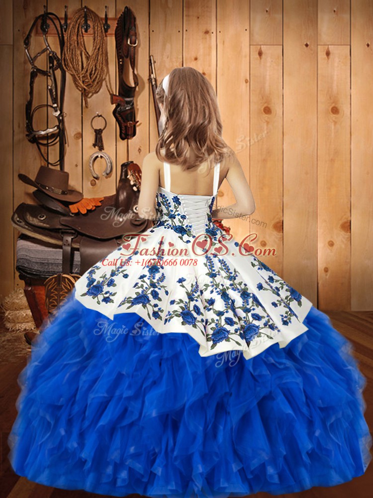 Sleeveless Organza Floor Length Lace Up Little Girl Pageant Dress in Red with Embroidery and Ruffles