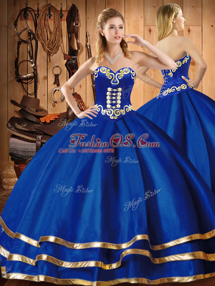 Cheap Sleeveless Satin and Tulle Floor Length Lace Up Ball Gown Prom Dress in Blue with Embroidery