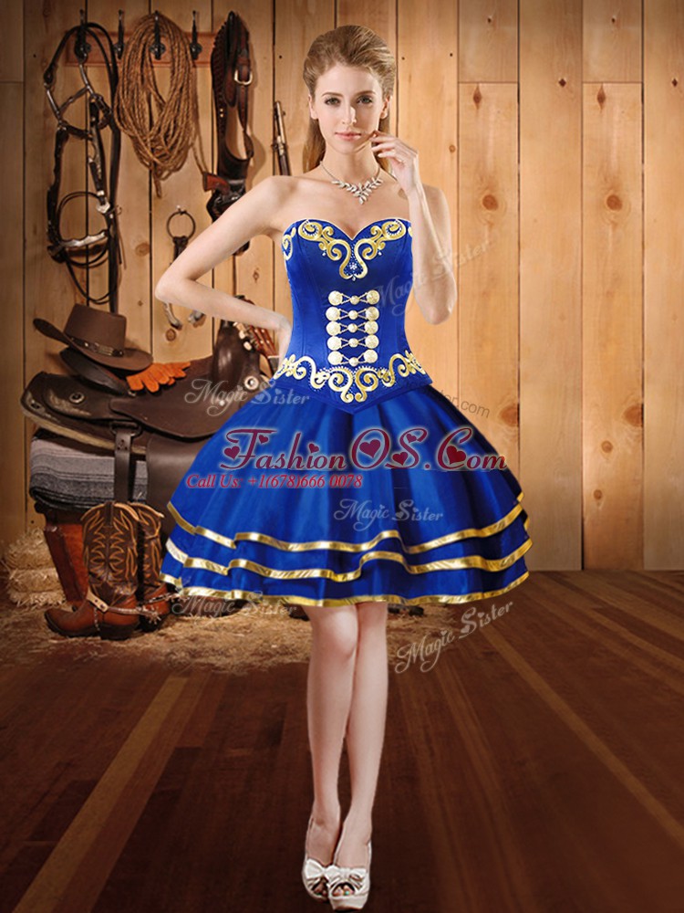Cheap Sleeveless Satin and Tulle Floor Length Lace Up Ball Gown Prom Dress in Blue with Embroidery