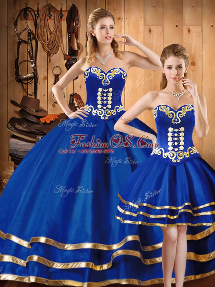 Cheap Sleeveless Satin and Tulle Floor Length Lace Up Ball Gown Prom Dress in Blue with Embroidery