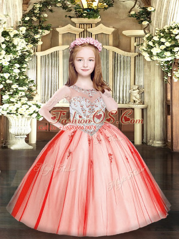 Coral Red Zipper Kids Formal Wear Beading and Appliques Sleeveless Floor Length