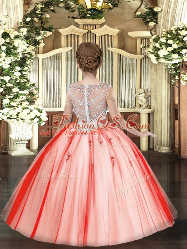 Coral Red Zipper Kids Formal Wear Beading and Appliques Sleeveless Floor Length