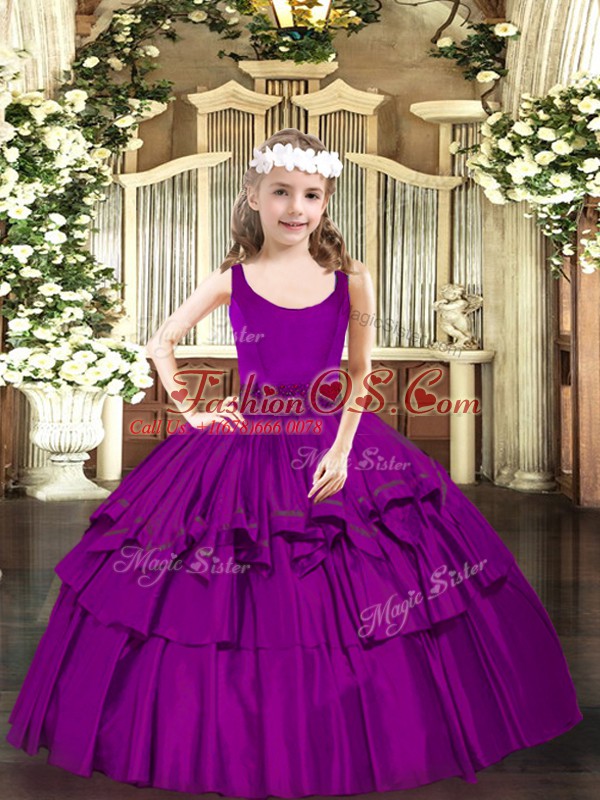 Fashion Fuchsia Zipper Scoop Beading Little Girls Pageant Dress Organza Sleeveless