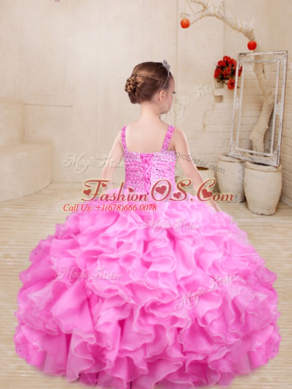 Lilac Sleeveless Floor Length Beading Lace Up Little Girl Pageant Gowns