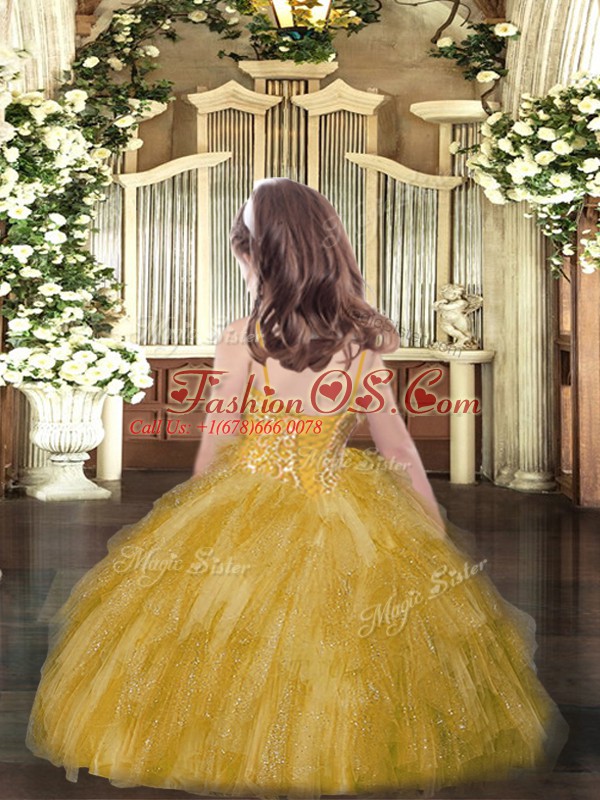 Sleeveless Lace Up Floor Length Beading and Ruffles Girls Pageant Dresses