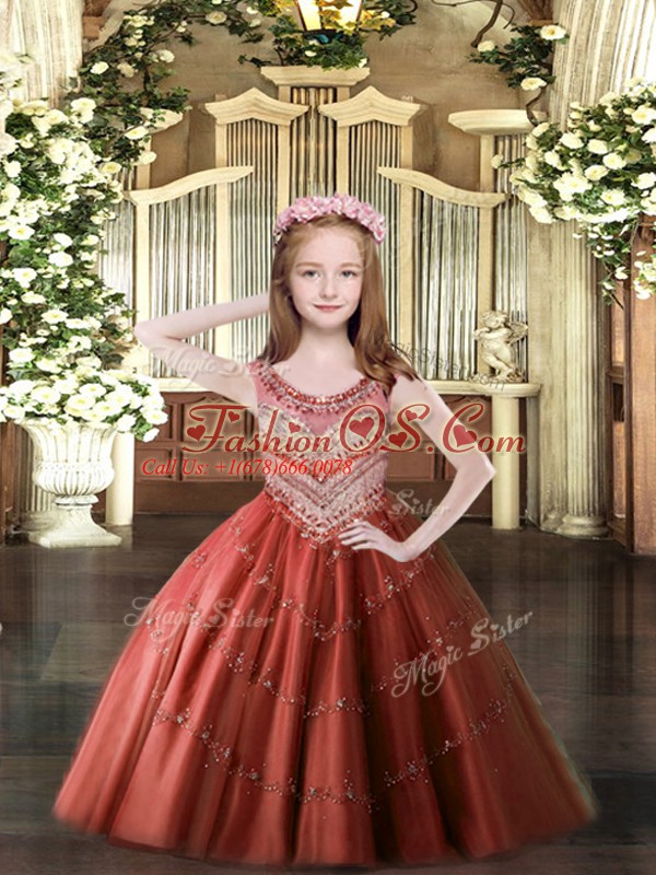 Wine Red Sleeveless Beading Floor Length Pageant Dress for Teens