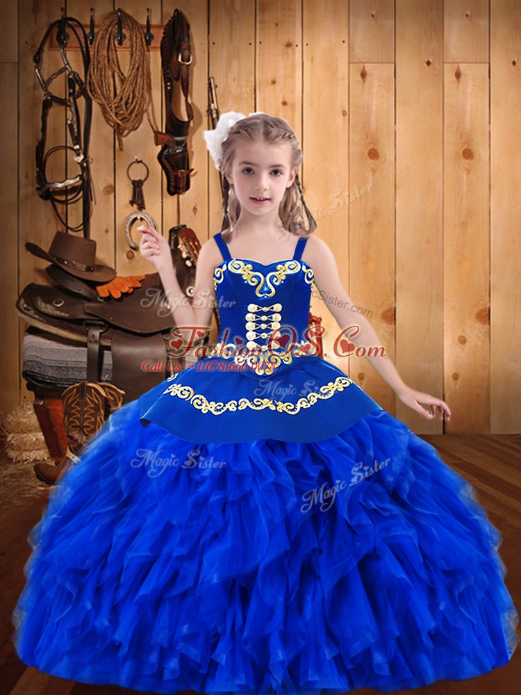 Floor Length Royal Blue Pageant Gowns For Girls Organza Sleeveless Embroidery and Ruffles