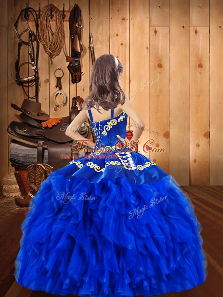 Floor Length Royal Blue Pageant Gowns For Girls Organza Sleeveless Embroidery and Ruffles