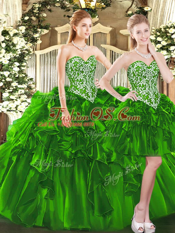 Affordable Dark Green Sleeveless Beading and Ruffles Floor Length Sweet 16 Quinceanera Dress
