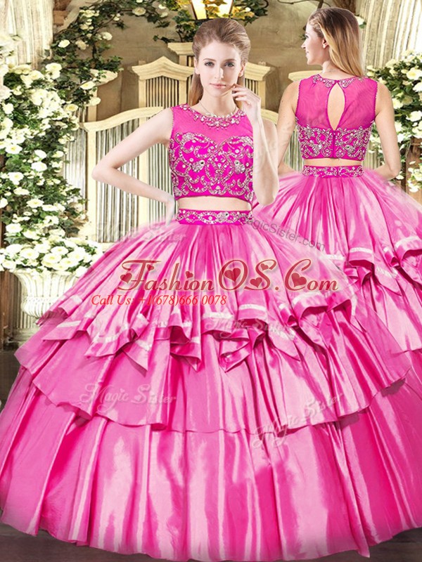 Floor Length Zipper Vestidos de Quinceanera Rose Pink for Military Ball and Sweet 16 and Quinceanera with Beading and Ruffled Layers