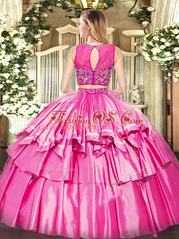 Floor Length Zipper Vestidos de Quinceanera Rose Pink for Military Ball and Sweet 16 and Quinceanera with Beading and Ruffled Layers